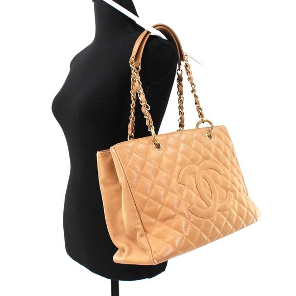 CHANEL Grand Shopping Tote Quilted Gold Chainlink Handle Handbag Beige - Picture 2 of 10